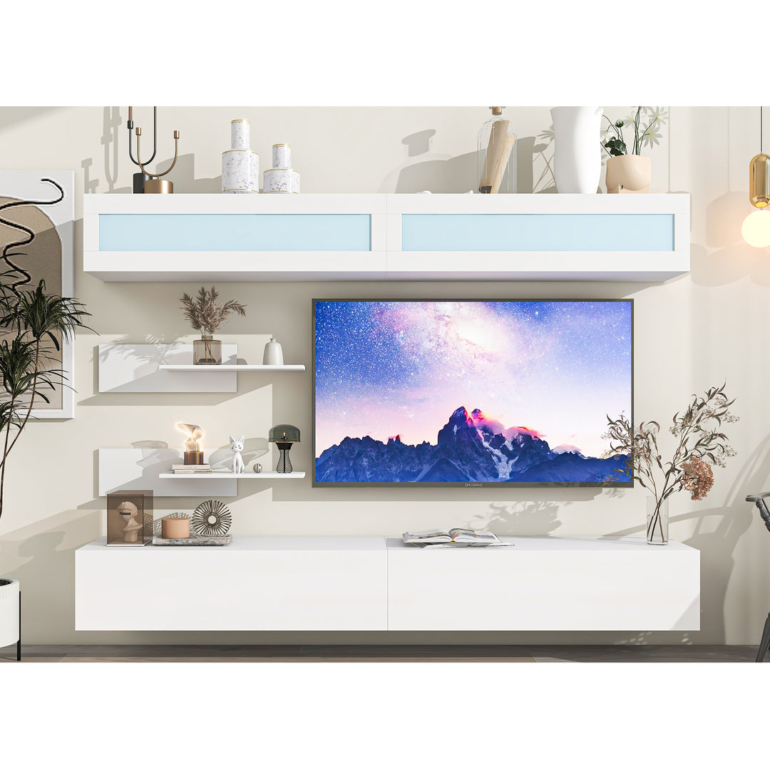 [VIDEO provided] ON-TREND Wall Mount Floating TV Stand with Four Storage Cabinets and Two Shelves, High Gloss Entertainment Center for 95+ Inch TV, 16-color RGB LED Lights for Living Room, White