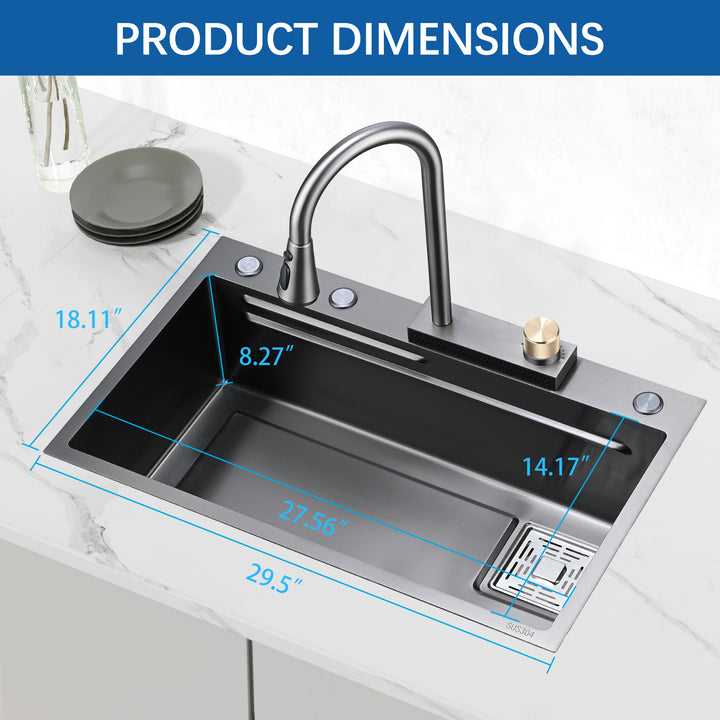 Kitchen Sink Flying rain Waterfall Kitchen Sink Set 30"x 18" 304 Stainless Steel Sink with Pull Down Faucet, and Accessories