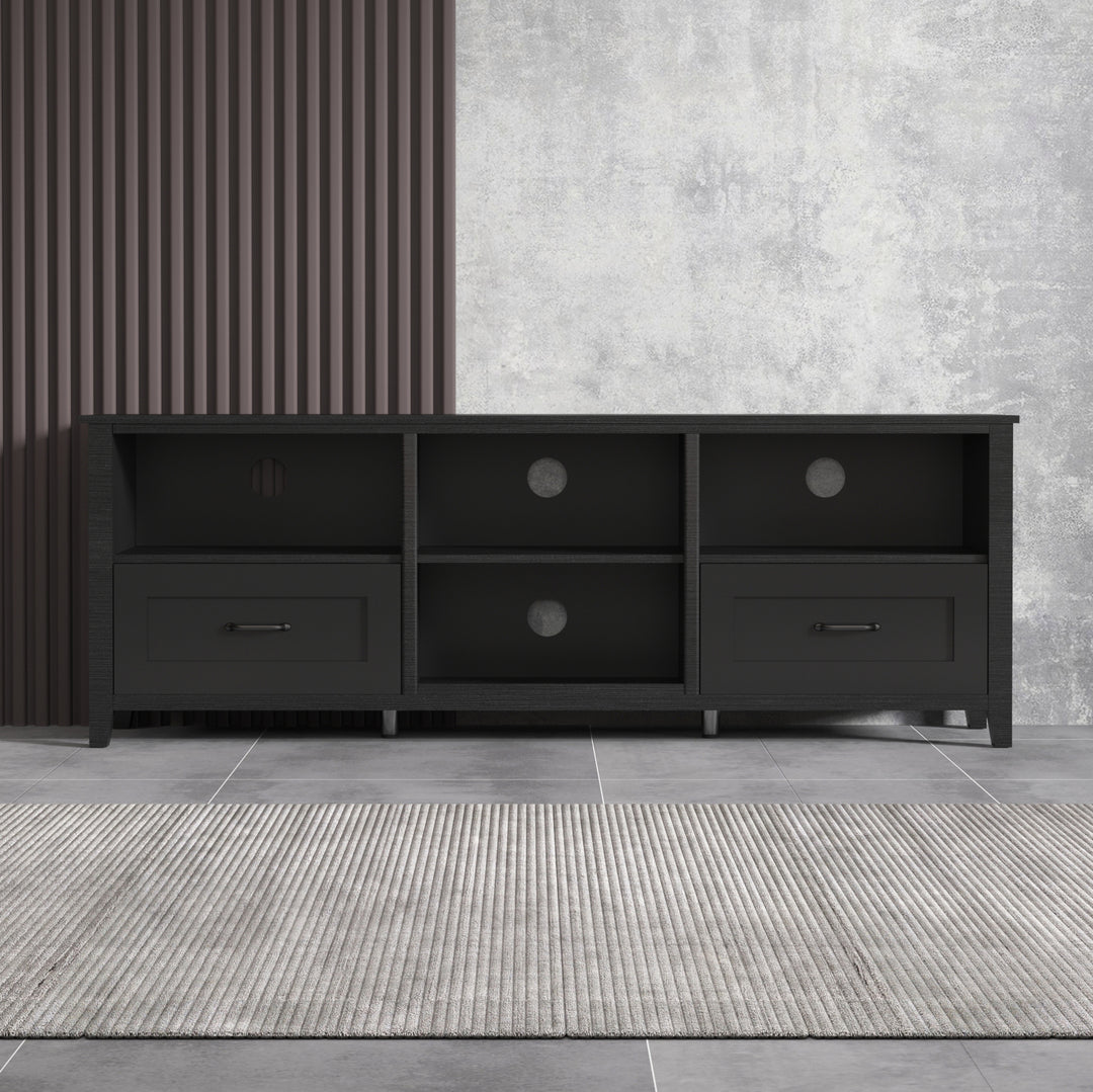 70.08 Inch Length Black TV Stand for Living Room and Bedroom, with 2 Drawers and 4 High-Capacity Storage Compartment.