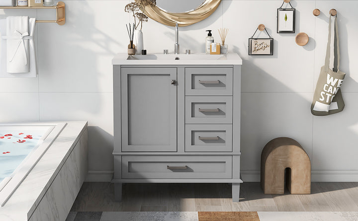 30" Bathroom Vanity , Modern Bathroom Cabinet with Sink Combo Set, Bathroom Storage Cabinet with a Soft Closing Door and 3 Drawers, Solid Wood Frame(Grey)