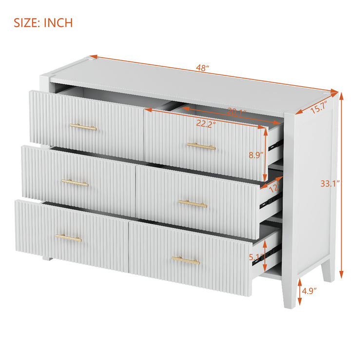 6 Drawer Dresser with Metal Handle for Bedroom, Storage Cabinet with Vertical Stripe Finish Drawer, White(Passed ASTM F2057-23 Test)