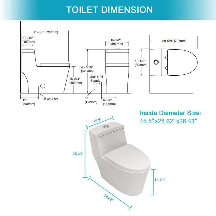 Ceramic One Piece Toilet,Dual Flush with Soft Clsoing Seat