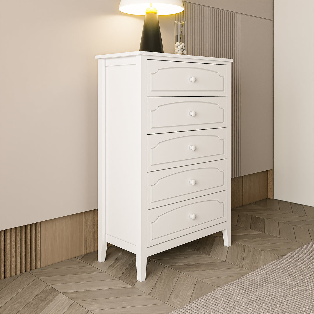 White Contemporary Roman Style, Solid Wood 5 Drawers Chest Bedroom Furniture, Drawer Storage, Tall Chest, Dresser 5 Drawers For Living Room, Entryway. Paint Sprayed Finishing