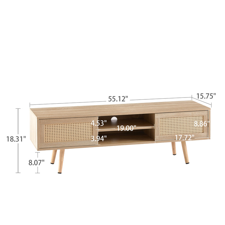 55.12" Rattan TV cabinet, double sliding doors for storage,  adjustable shelf, solid wood legs, TV console for living room ,natural