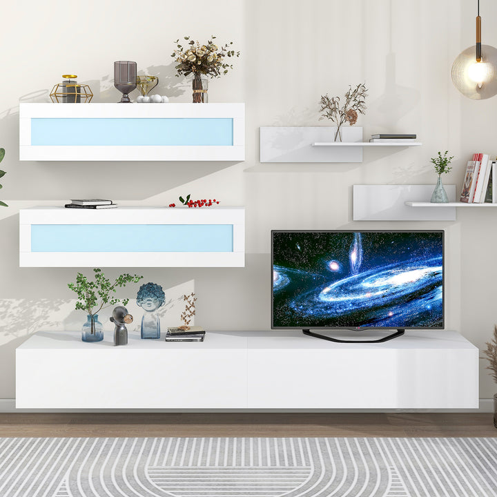 [VIDEO provided] ON-TREND Wall Mount Floating TV Stand with Four Storage Cabinets and Two Shelves, High Gloss Entertainment Center for 95+ Inch TV, 16-color RGB LED Lights for Living Room, White