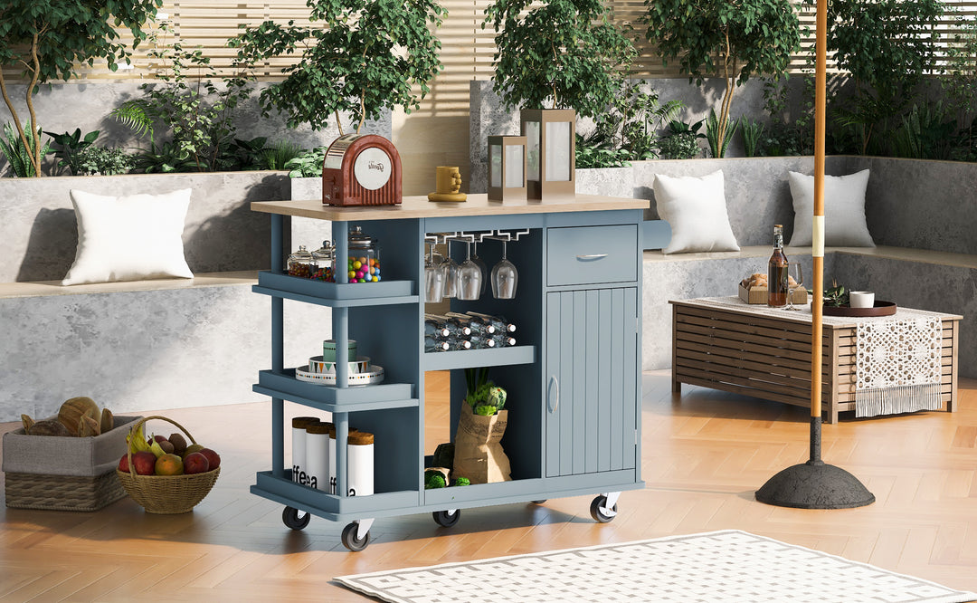 Multipurpose Kitchen Cart Cabinet with Side Storage Shelves,Rubber Wood Top, Adjustable Storage Shelves, 5 Wheels, Kitchen Storage Island with Wine Rack for Dining Room, Home,Bar,Grey Blue