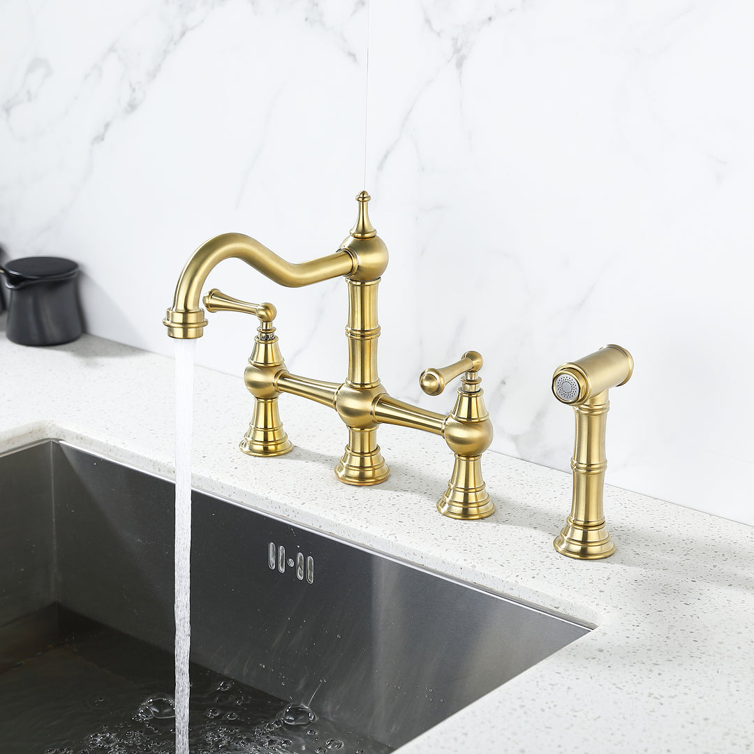 8 inch Centerset Bridge Kitchen Faucet with Brass Side Sprayer 2 Handles 4 Holes Antique Classic Heritage Deck-Mount Kitchen Sink Faucet