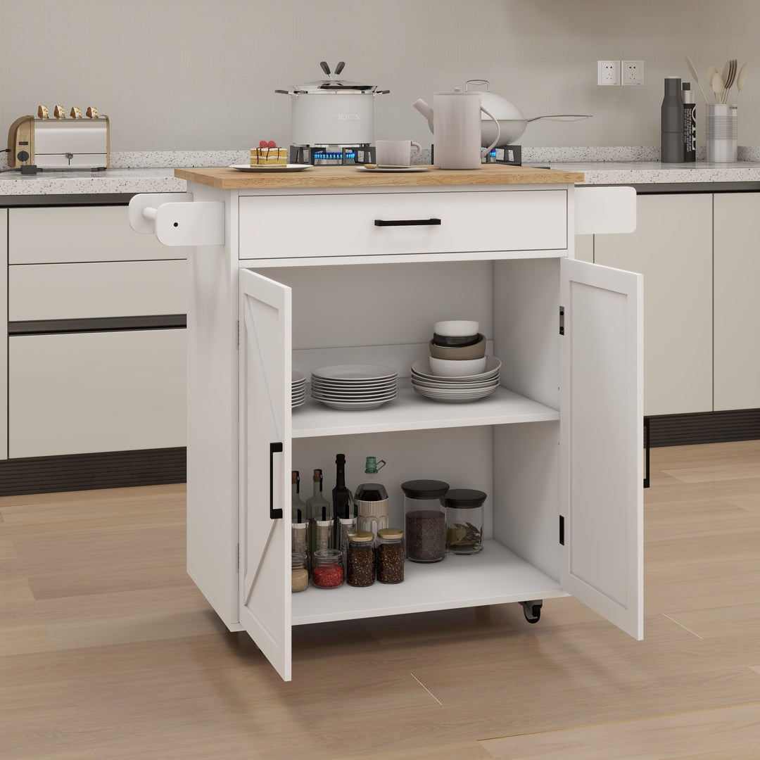 Kitchen island rolling trolley cart with Adjustable Shelves & towel rack & seasoning rack rubber wood table top-White