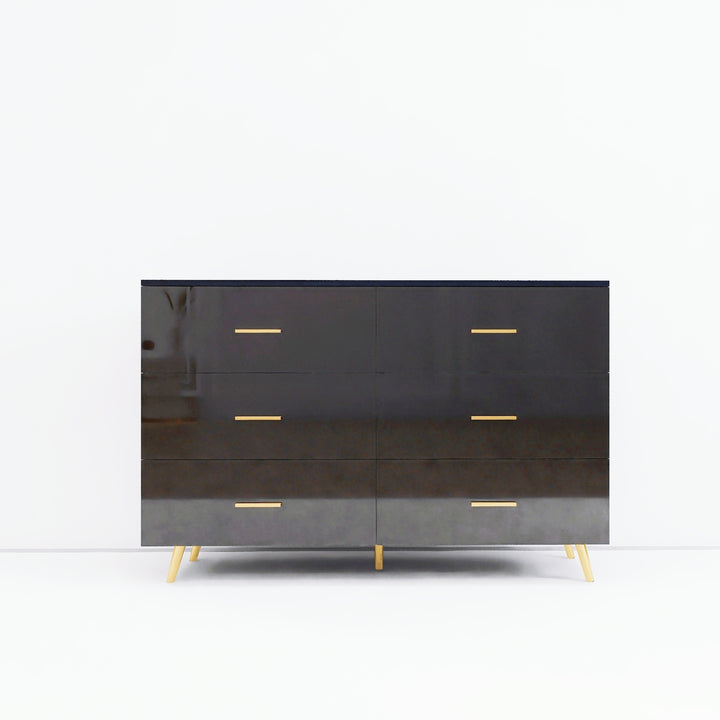 High Glossy Surface 6 Drawers Chest of Drawer with Golden Handle and Golden Steel Legs Black Color Vanity