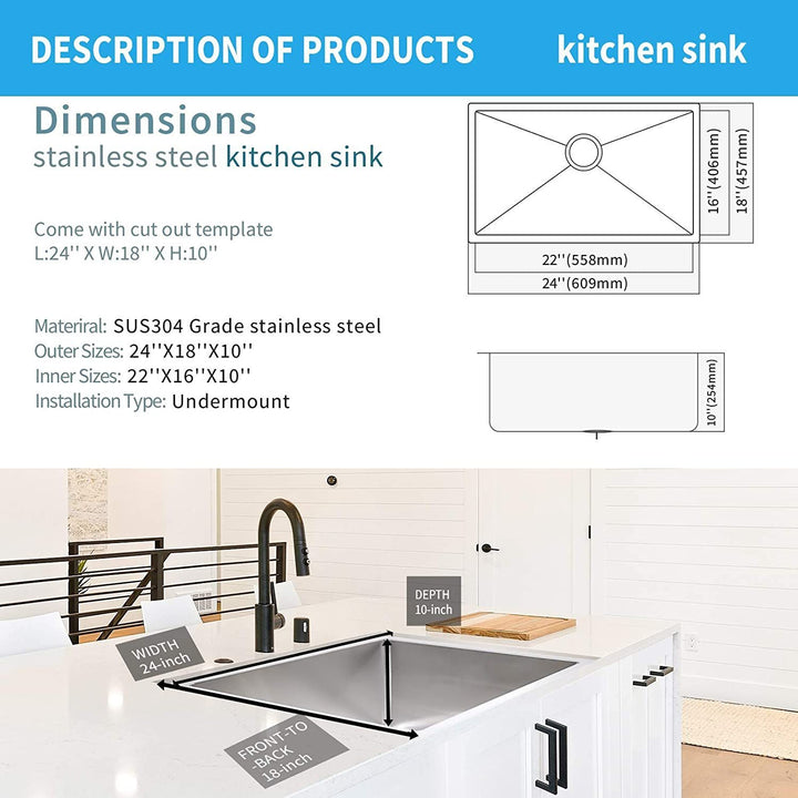 Simple Deluxe 24-Inch Undermount Workstation Kitchen Sink, 16 Gauge Single Bowl Stainless Steel with Accessories (Pack of 3 Built-in Components), 24 Inch, Silver