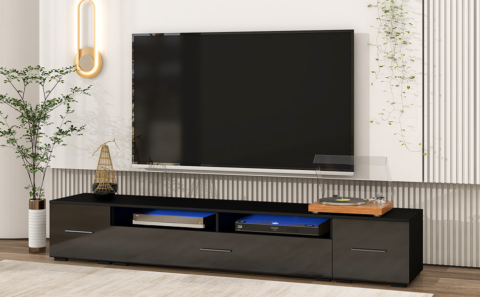 ON-TREND Extended, Minimalist Design TV stand with Color Changing LED Lights, Modern Universal Entertainment Center, High Gloss TV Cabinet for 90+ inch TV, Black