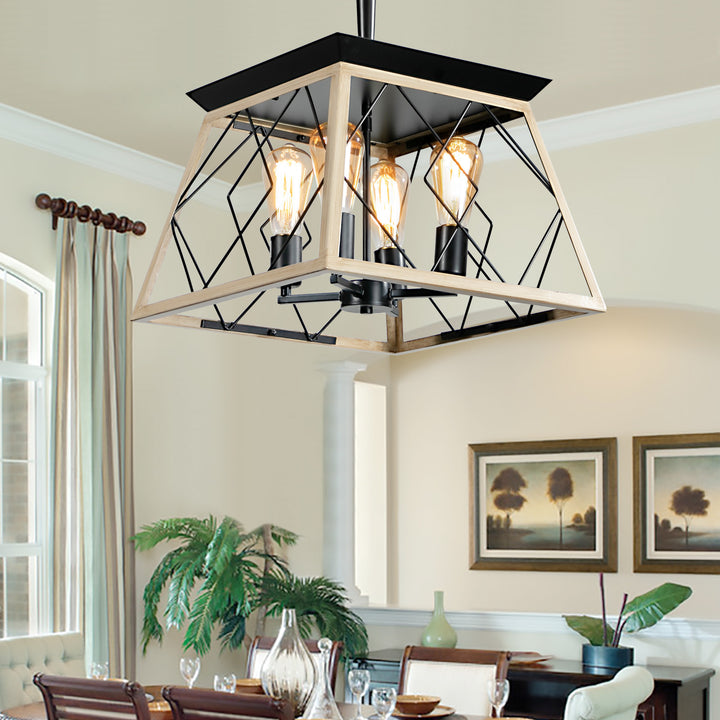 4-Light Farmhouse Chandeliers For Dining Room Oak(No Bulbs)