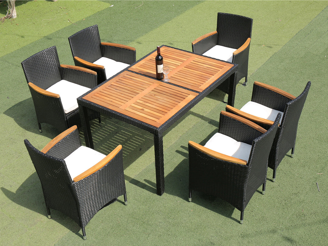 EELIFEE 7 piece Outdoor Patio Wicker Dining Set Patio Wicker Furniture Dining Set w/Acacia Wood Top