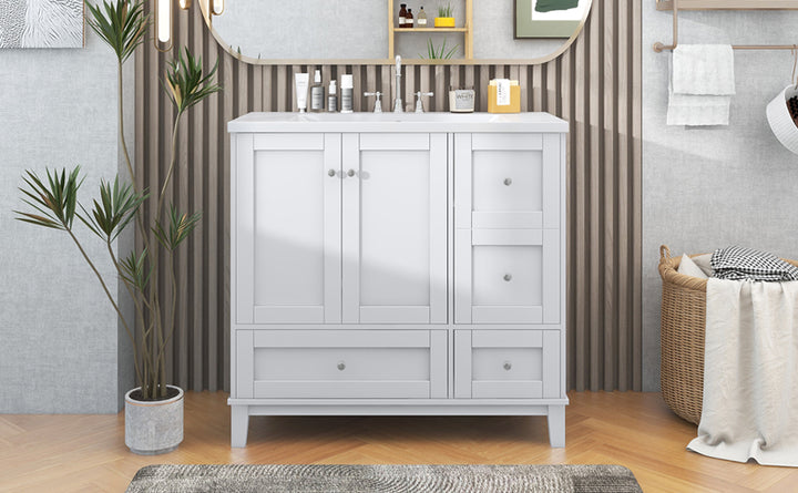 36 Inch Modern Bathroom Vanity with USB Charging, Two Doors and Three Drawers Bathroom Storage Vanity Cabinet, Small Bathroom Vanity cabinet with single sink , White & Gray Blue - Faucets Not Included