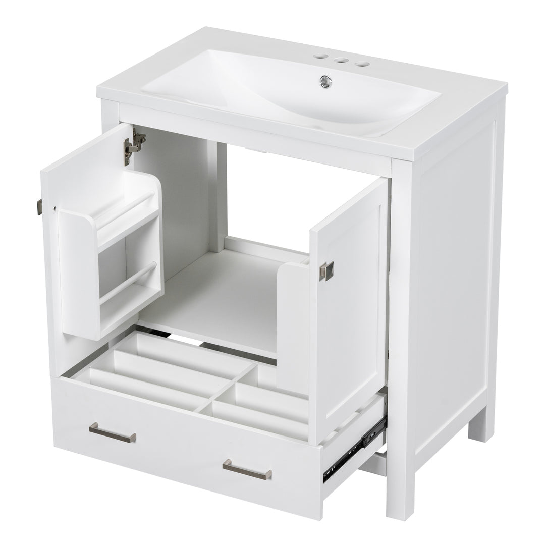 30" White Bathroom Vanity with Single Sink, Combo Cabinet Undermount Sink, Bathroom Storage Cabinet with 2 Doors and a Drawer, Soft Closing, Multifunctional Storage, Solid Wood Frame