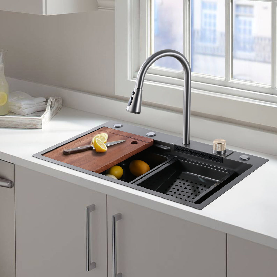 Kitchen Sink Flying rain Waterfall Kitchen Sink Set 30"x 18" 304 Stainless Steel Sink with Pull Down Faucet, and Accessories