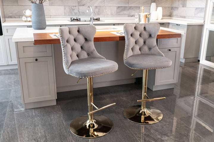 A&A Furniture,Golden Swivel Velvet Barstools Adjusatble Seat Height from 25-33 Inch, Modern Upholstered Bar Stools with Backs Comfortable Tufted for Home Pub and Kitchen Island（Gray,Set of 2）