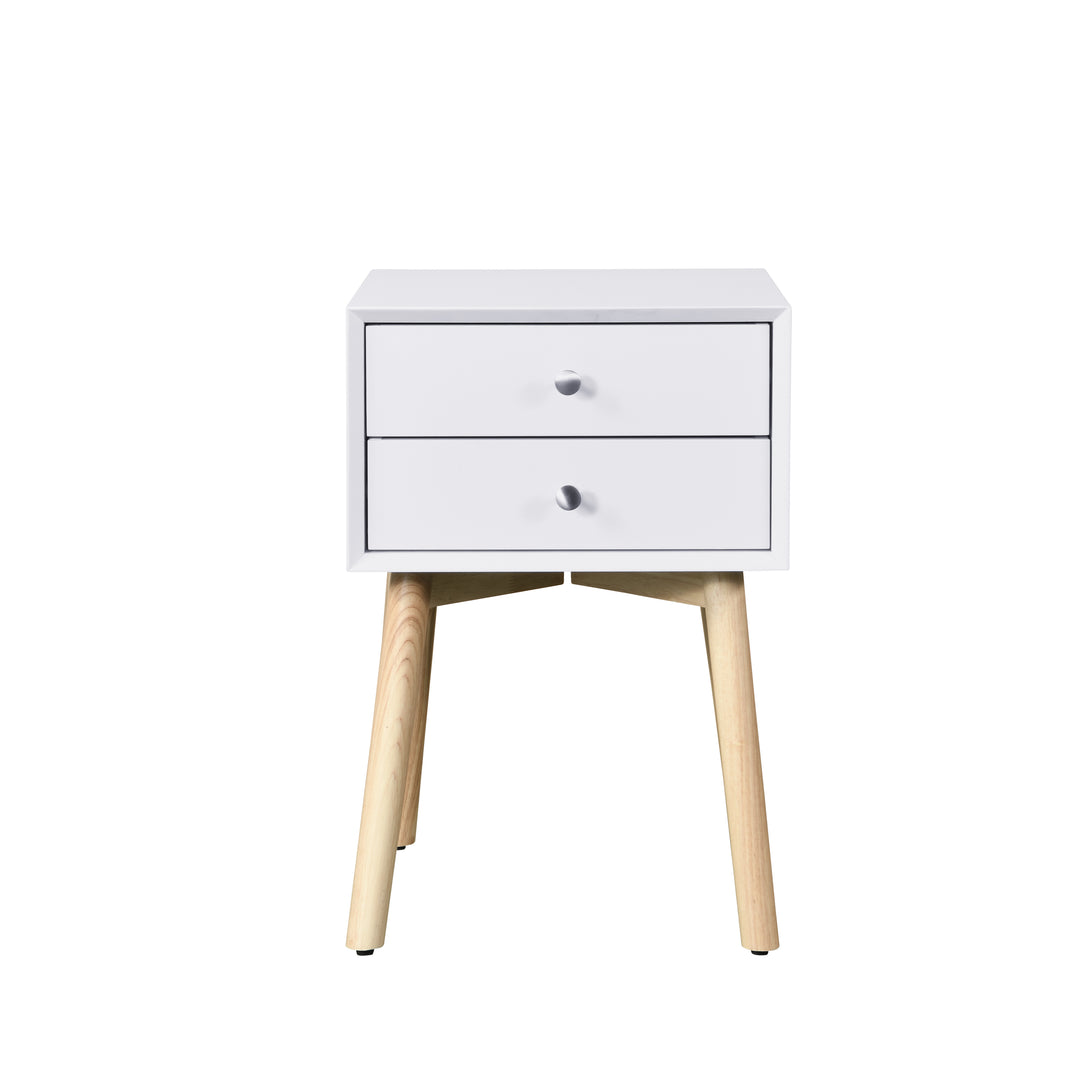 ZFZTIMBER Side Table,Bedside Table with 2 Drawers and Rubber Wood Legs, Mid-Century Modern Storage Cabinet for Bedroom Living Room, White