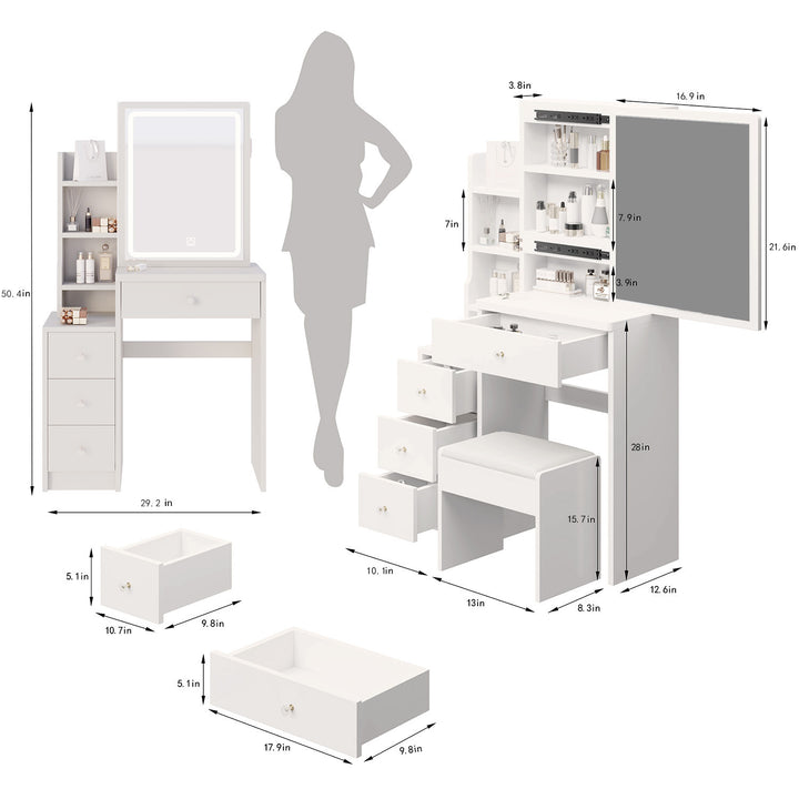 Small Space Left Bedside Cabinet Vanity Table + Cushioned Stool, Extra Large Right sliding mirror, Multi Layer High Capacity Storage, Practical Fashionable Dresser, Suitable for Girls Up To 5.6ft Tall