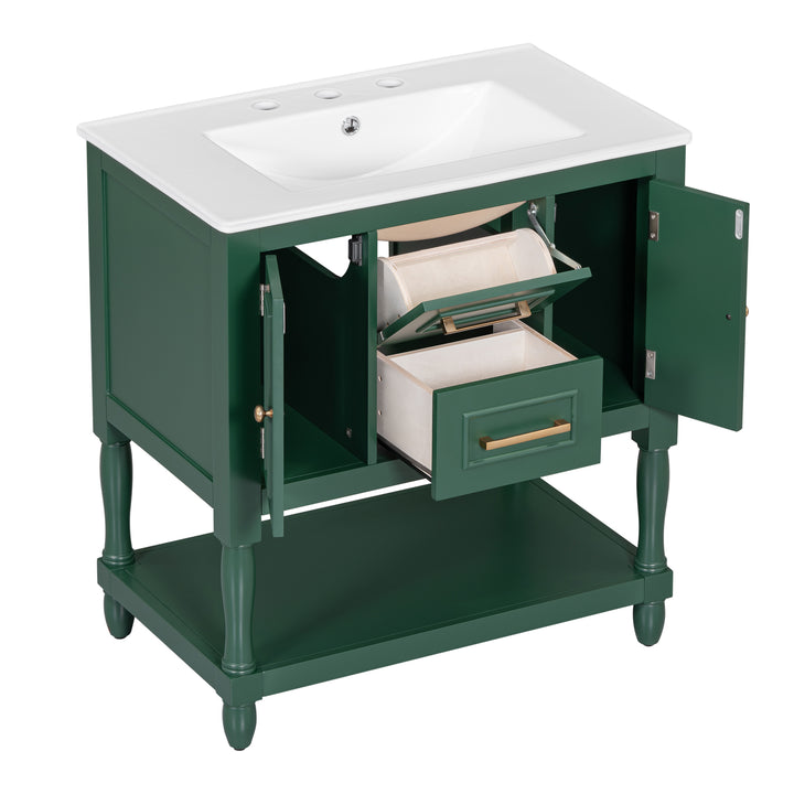 30" Bathroom Vanity with Sink Top, Bathroom Vanity Cabinet with Two Doors and Two Drawers, Solid Wood Frame, One Package, Green