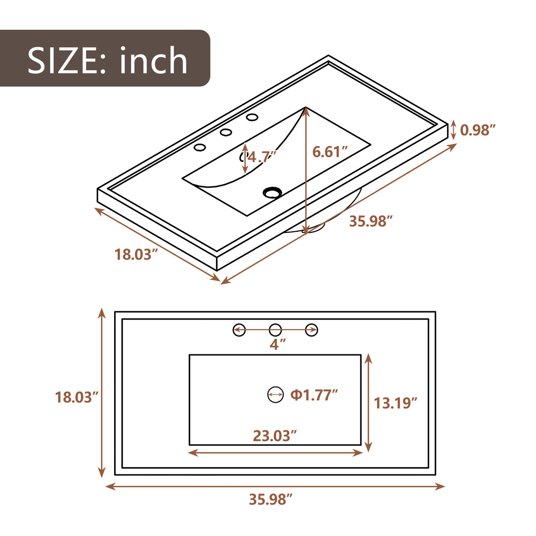 36" Bathroom Vanity with Ceramic Basin, Two Cabinets and Drawers, Open Shelf, Solid Wood Frame, White (OLD SKU: SY999101AAK)