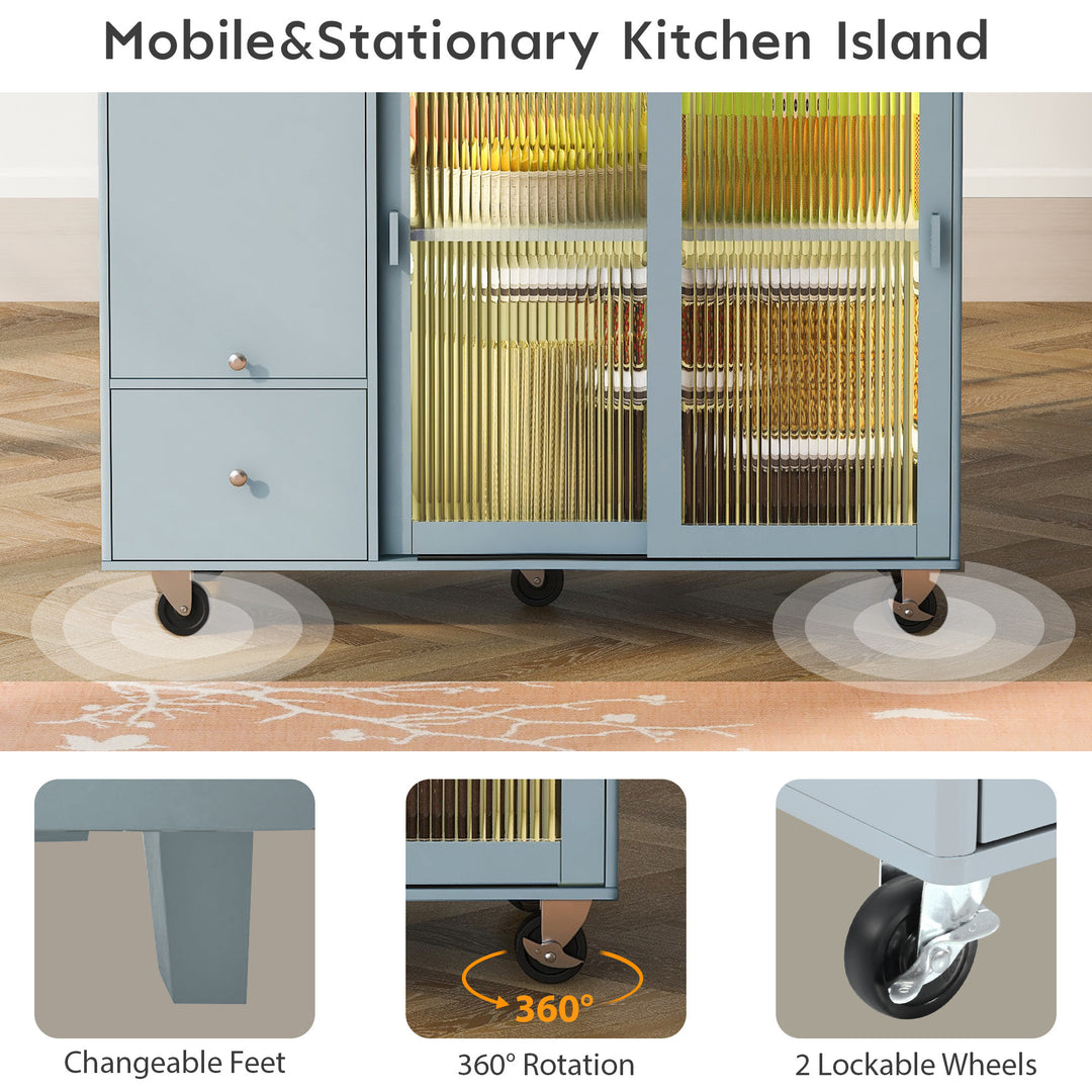 Kitchen Island with Drop Leaf, LED Light Kitchen Cart on Wheels with 2 Fluted Glass Doors and 1 Flip Cabinet Door, Large Kitchen Island Cart with an Adjustable Shelf and 2 Drawers (Grey Blue)