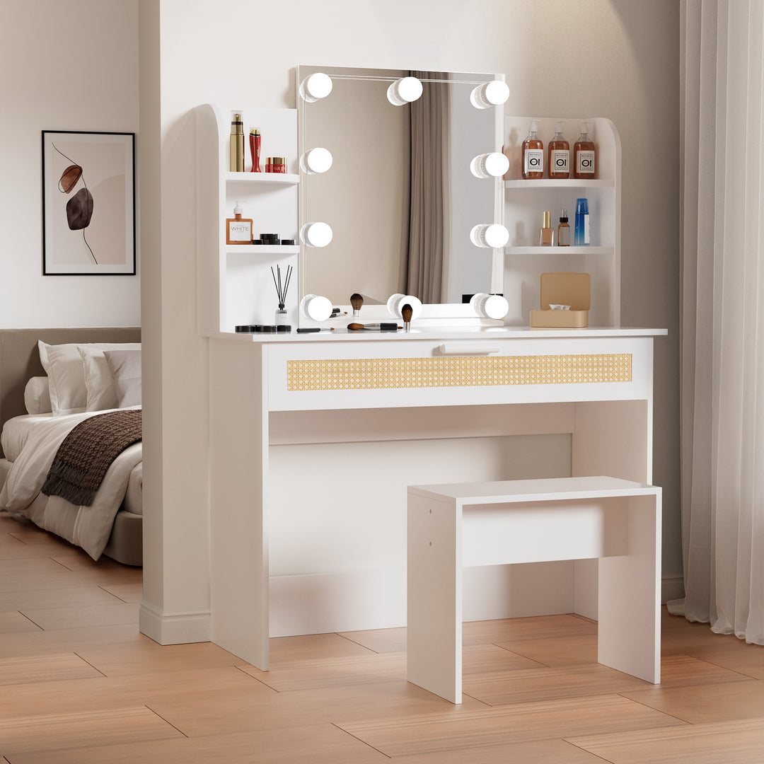 Vanity Desk Set Stool & Dressing Table with LED Lighting Mirror Drawer and Compartments Modern Wood Cosmetic Table Chest of Drawers White Color