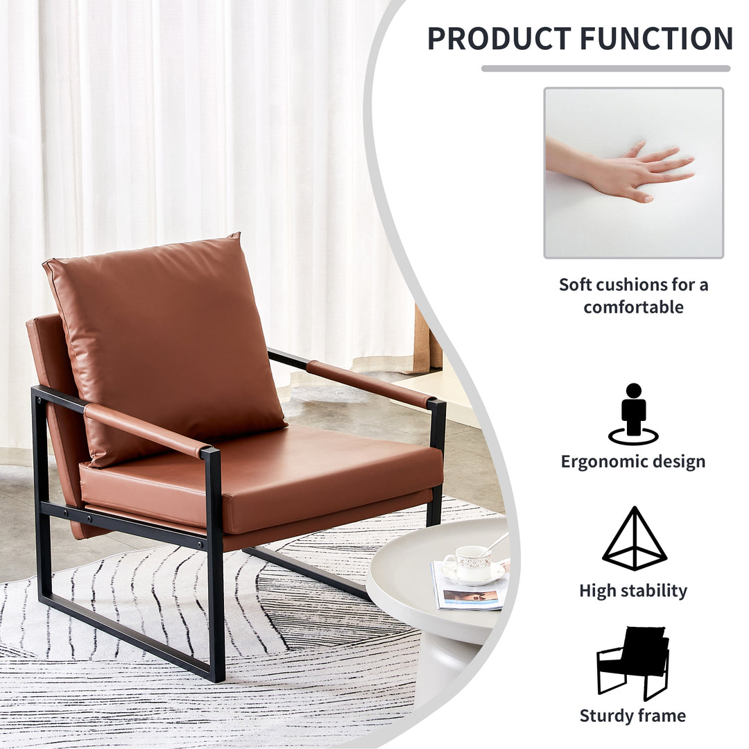 PU Leather Accent Arm Chair  Modern Upholstered Armchair with Metal Frame Extra-Thick Padded Backrest and Seat Cushion Sofa Chairs for Living Room ( Brown PU Leather + Metal Frame + Foam) SF-008