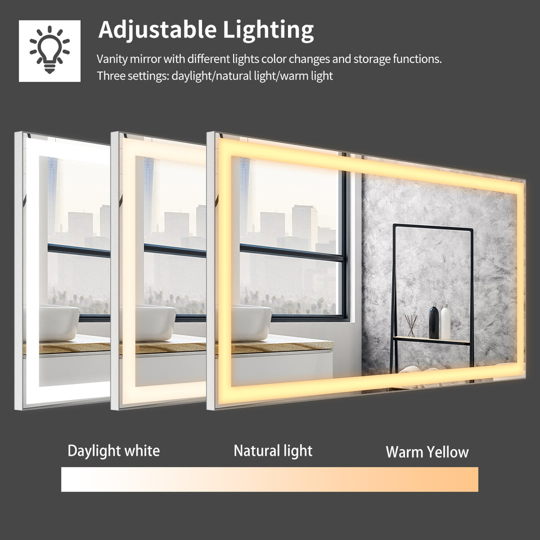 BEAUTME 48x24 inch LED Bathroom Vanity Mirror Wall Mounted Adjustable White/Warm/Natural Lights Anti-Fog Touch Switch with Memory Modern Smart Large Bathroom Mirrors