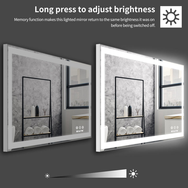 BEAUTME 48x24 inch LED Bathroom Vanity Mirror Wall Mounted Adjustable White/Warm/Natural Lights Anti-Fog Touch Switch with Memory Modern Smart Large Bathroom Mirrors