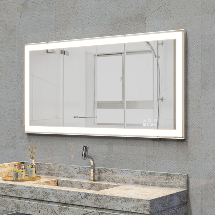 BEAUTME 48x24 inch LED Bathroom Vanity Mirror Wall Mounted Adjustable White/Warm/Natural Lights Anti-Fog Touch Switch with Memory Modern Smart Large Bathroom Mirrors