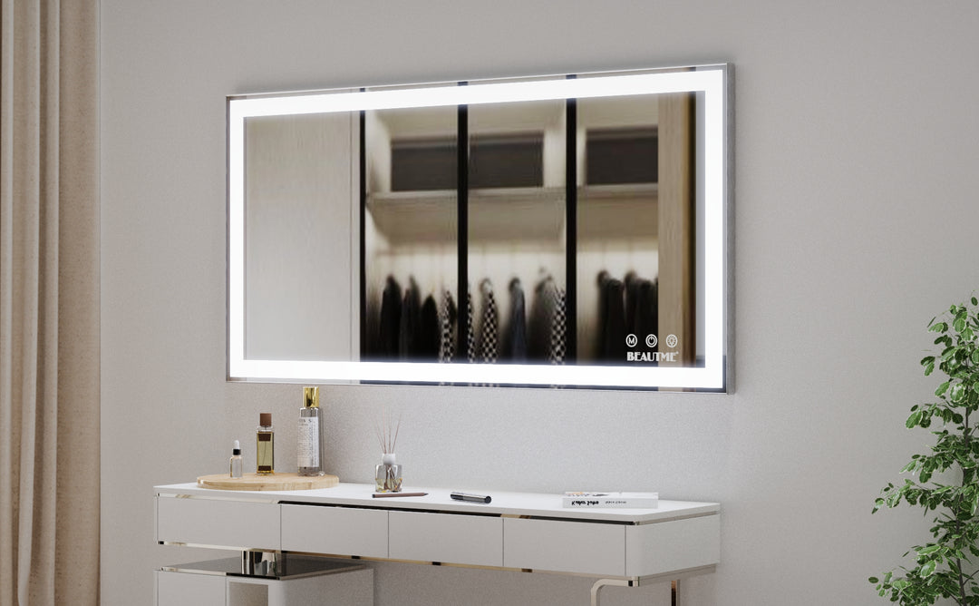 BEAUTME 48x24 inch LED Bathroom Vanity Mirror Wall Mounted Adjustable White/Warm/Natural Lights Anti-Fog Touch Switch with Memory Modern Smart Large Bathroom Mirrors