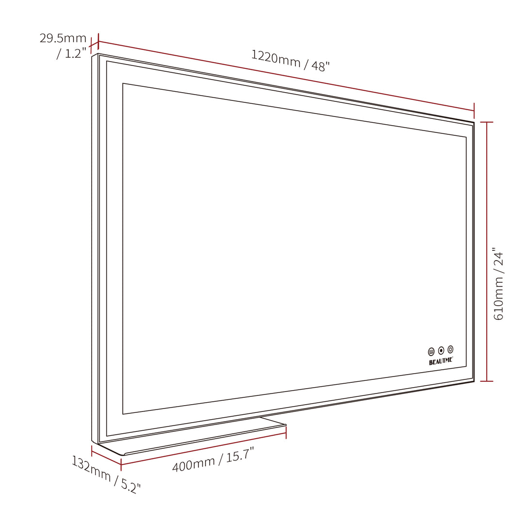 BEAUTME 48x24 inch LED Bathroom Vanity Mirror Wall Mounted Adjustable White/Warm/Natural Lights Anti-Fog Touch Switch with Memory Modern Smart Large Bathroom Mirrors