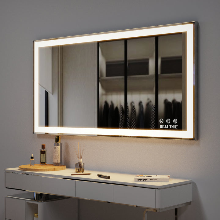 BEAUTME 48x24 inch LED Bathroom Vanity Mirror Wall Mounted Adjustable White/Warm/Natural Lights Anti-Fog Touch Switch with Memory Modern Smart Large Bathroom Mirrors