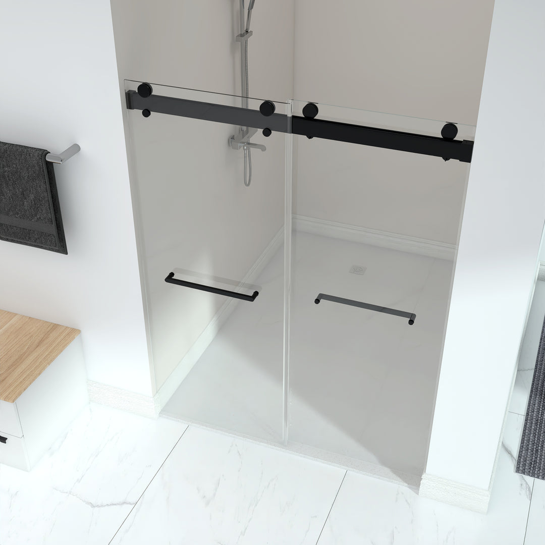 Frameless Double Sliding Shower, 57" - 60" Width, 79" Height, 3/8" (10 mm) Clear Tempered Glass, , Designed for Smooth Door Closing With Upgraded Crashproof System Technology Matte Black Finish