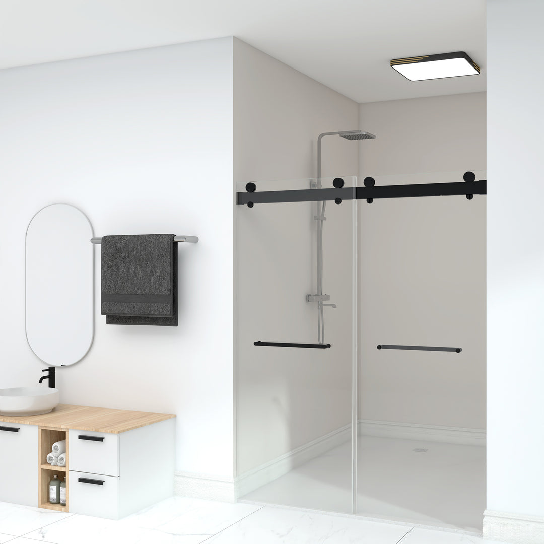 Frameless Double Sliding Shower, 57" - 60" Width, 79" Height, 3/8" (10 mm) Clear Tempered Glass, , Designed for Smooth Door Closing With Upgraded Crashproof System Technology Matte Black Finish