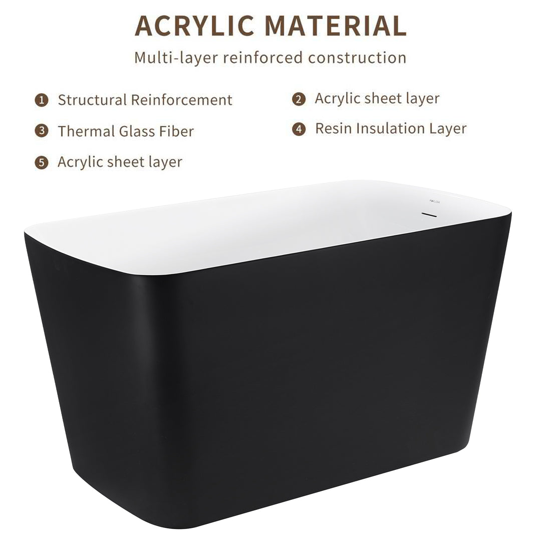 47" 100% Acrylic Freestanding Bathtub，Contemporary Soaking Tub，white inside black outside