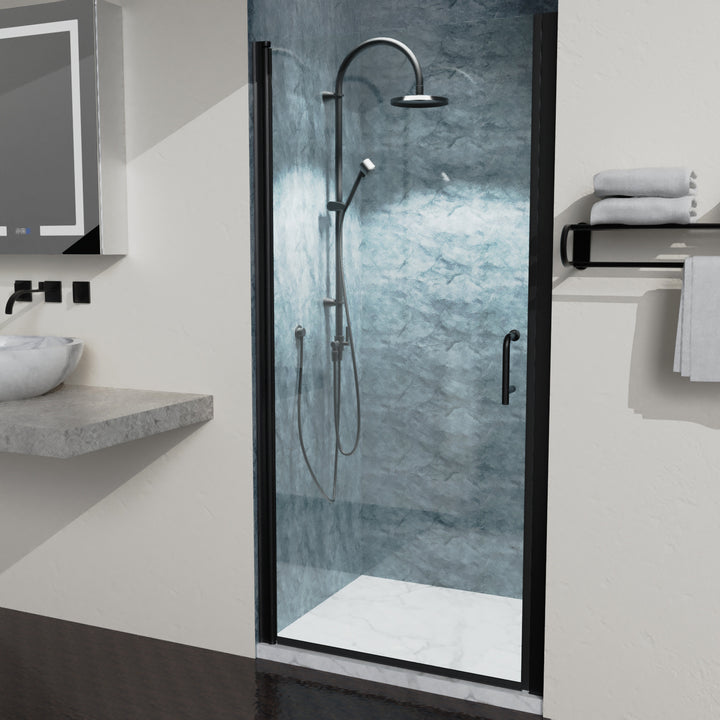 36 In. to 37-3/8 In. x 72 In Semi-Frameless Pivot Shower Door in Matte Black With Clear Glass