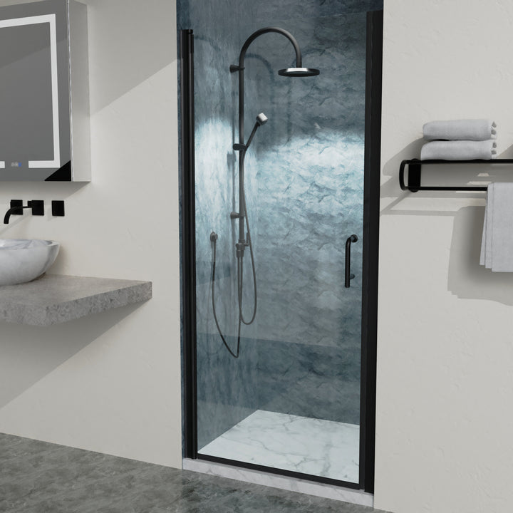 34 In. to 35-3/8 In. x 72 In Semi-Frameless Pivot Shower Door in Matte Black With Clear Glass