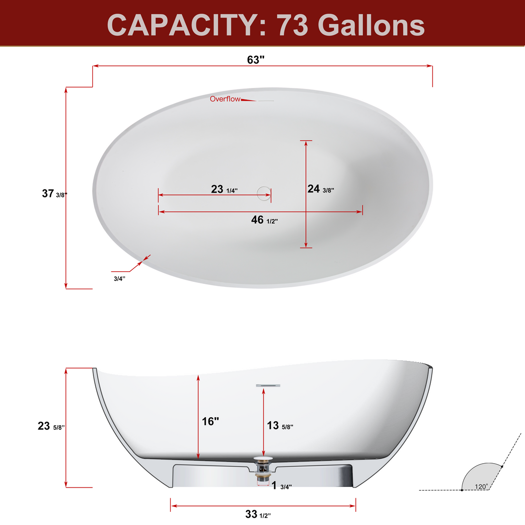 Luxury Matte White Solid Surface Stone Resin Freestanding Soaking Bathtub with Overflow, cUPC Certified - 63*37.5 22S05-63-1