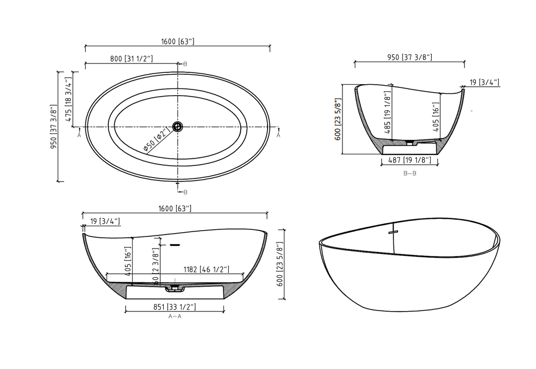 Luxury Matte White Solid Surface Stone Resin Freestanding Soaking Bathtub with Overflow, cUPC Certified - 63*37.5 22S05-63-1