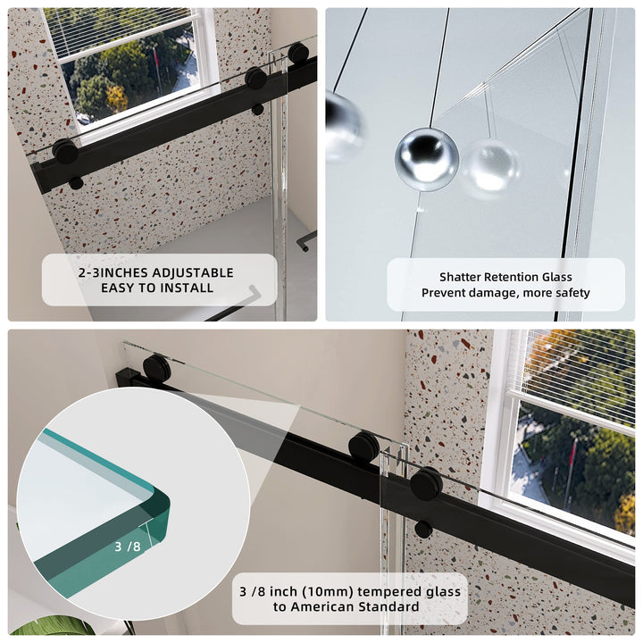 Frameless Double Sliding Shower, 57" - 60" Width, 79" Height, 3/8" (10 mm) Clear Tempered Glass, , Designed for Smooth Door Closing With Upgraded Crashproof System Technology Matte Black Finish