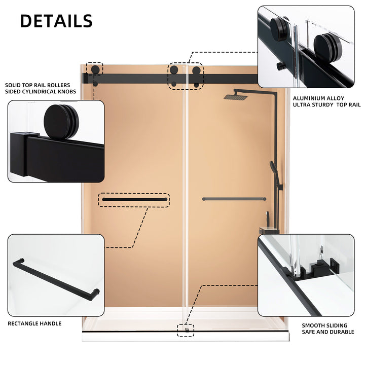 Frameless Double Sliding Shower, 57" - 60" Width, 79" Height, 3/8" (10 mm) Clear Tempered Glass, , Designed for Smooth Door Closing With Upgraded Crashproof System Technology Matte Black Finish