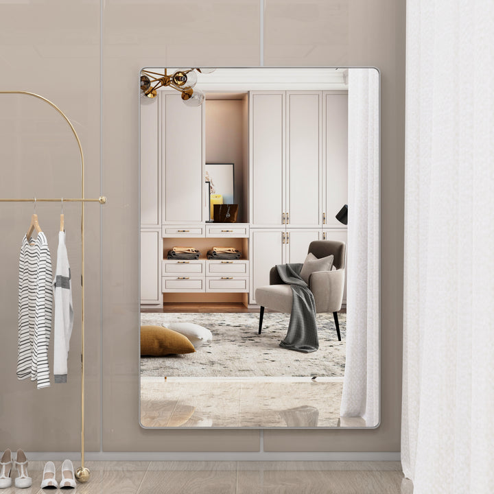 BEAUTME 72x48 Inches Oversized Bathroom Mirror with Removable Tray Wall Mount Mirror,Vertical Horizontal Hanging Aluminum Framed for Bedroom Living Room,Silver,