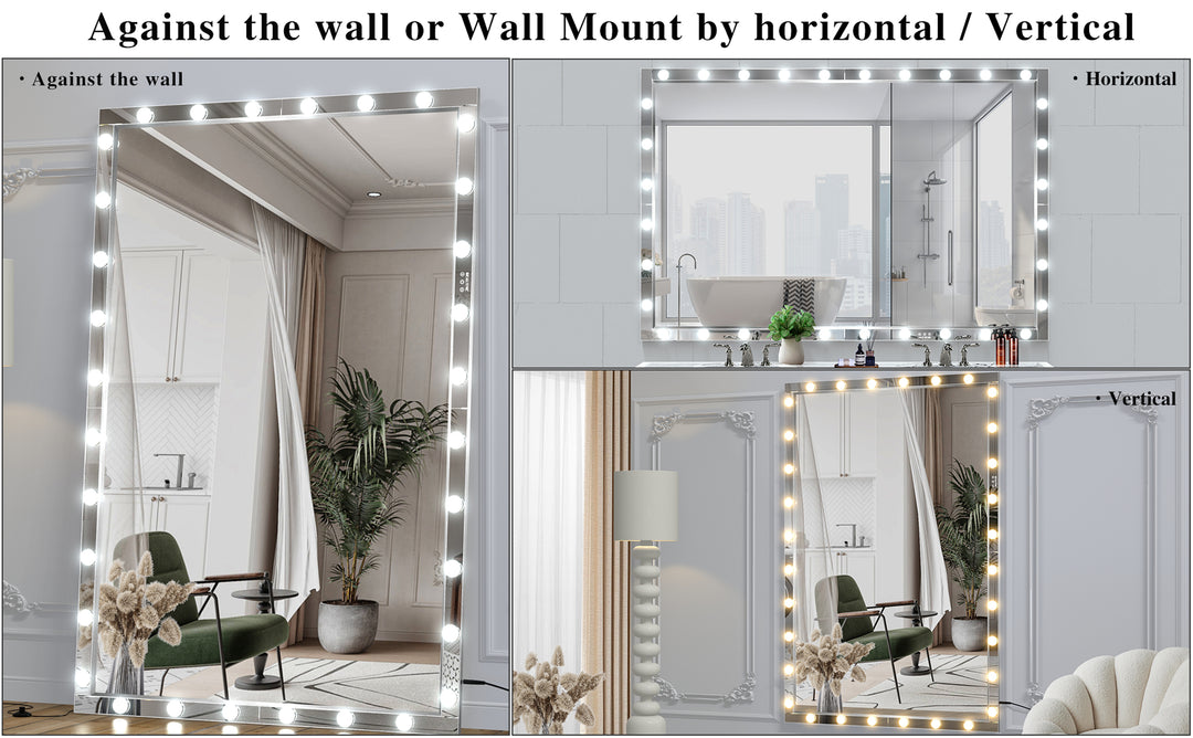 BEAUTME 72X48 inches Extra Large Full Length Vanity Mirror with 3 Color Mode Lights, Vertical Horizontal Hanging Aluminum Mirror for Dressing Rooms, Bedroom Silver