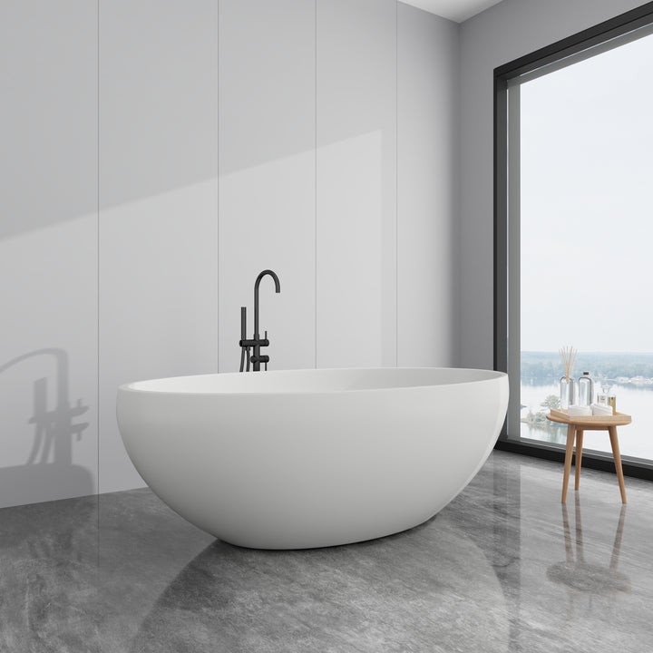 67 in. Solid Surface Freestanding Soaking Bathtub in Matte White