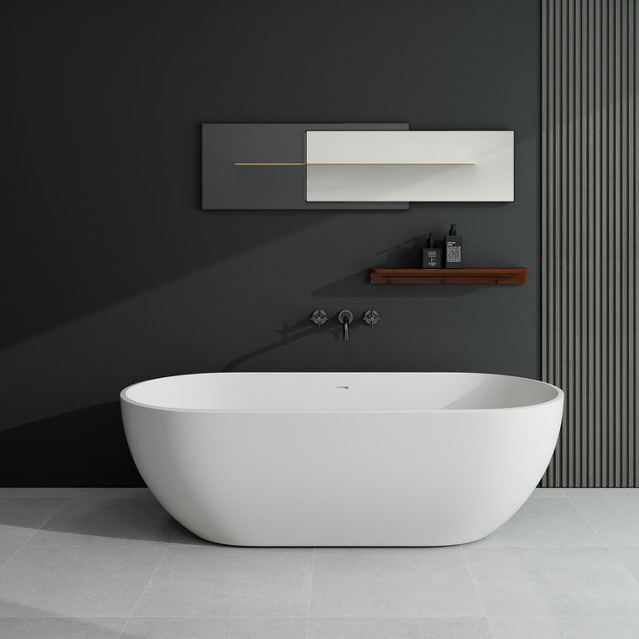 69 in. Solid Surface Freestanding Soaking Bathtub in Matte White