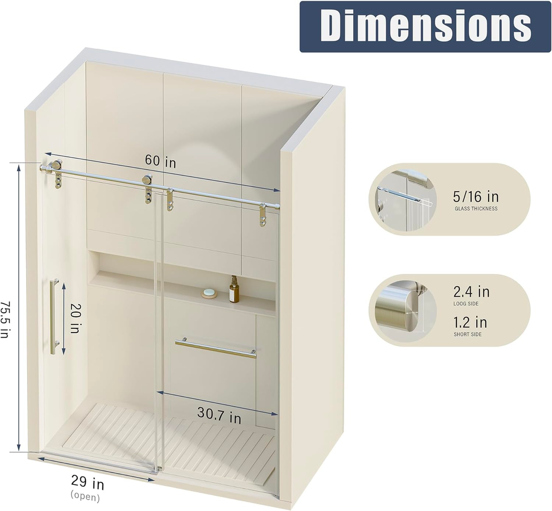 Frameless Shower Door with Rust-Resistant Stainless Steel, Explosion-Proof Glass, and Easy Installation 60*76