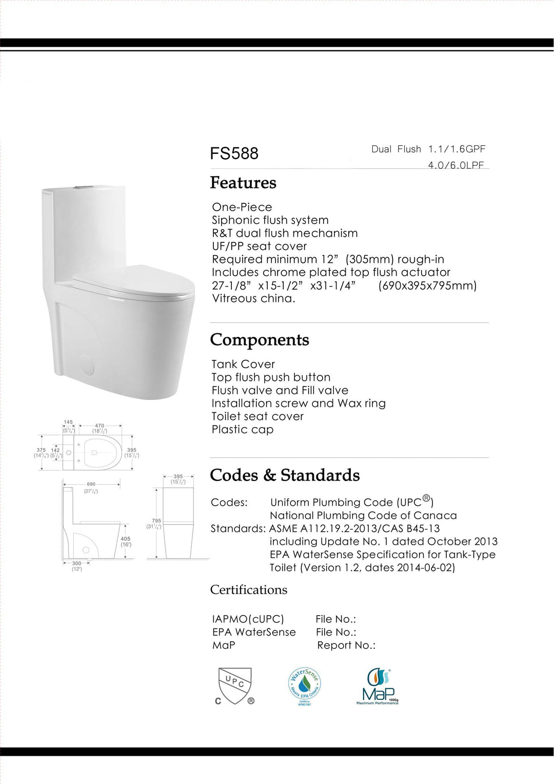 Dual Flush Elongated Standard One Piece Toilet with Comfortable Seat Height, Soft Close Seat Cover, High-Efficiency Supply,  White Toilet