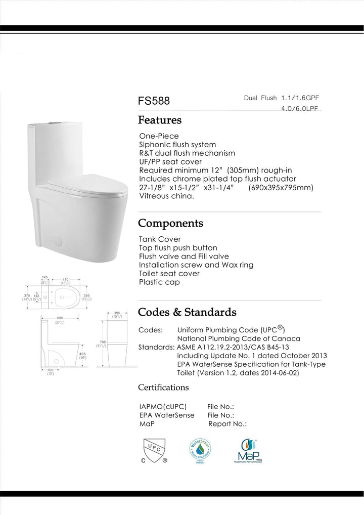 Dual Flush Elongated Standard One Piece Toilet with Comfortable Seat Height, Soft Close Seat Cover, High-Efficiency Supply,  White Toilet